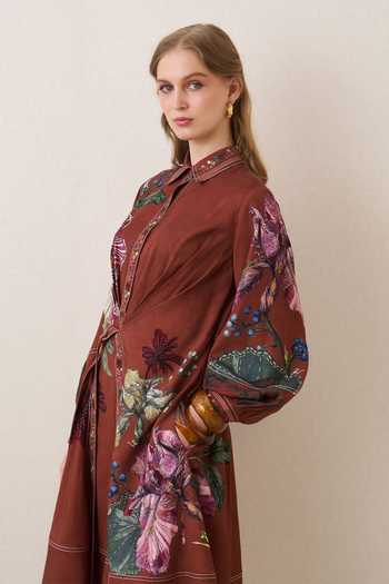 Shop_RANNA GILL_Brown Tencel, Twill Collared Neck, Hollis Flower Print Wrap Tie Midi Dress _Online_at_Aza_Fashions
