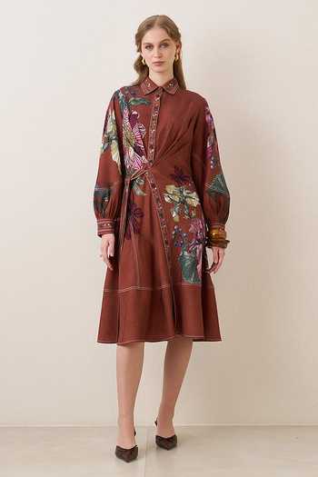 RANNA GILL_Brown Tencel, Twill Collared Neck, Hollis Flower Print Wrap Tie Midi Dress _at_Aza_Fashions