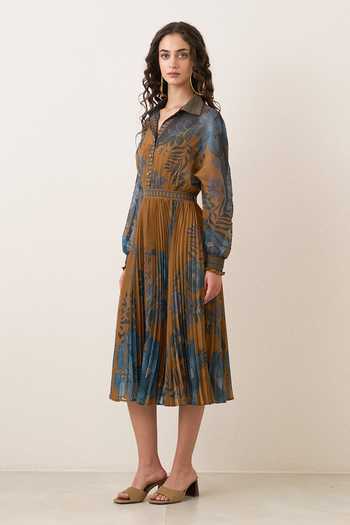 Buy_RANNA GILL_Yellow Chiffon Collared Neck Cally Jacobean Flower Print Dress _Online_at_Aza_Fashions