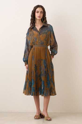 Shop_RANNA GILL_Yellow Chiffon Collared Neck Cally Jacobean Flower Print Dress _Online_at_Aza_Fashions