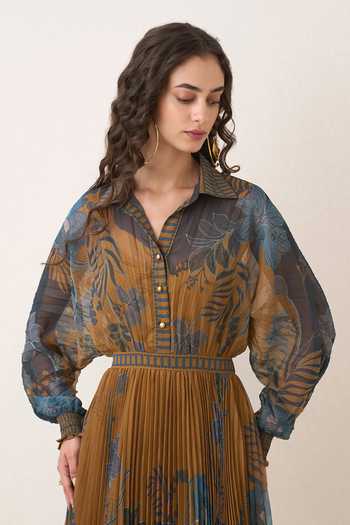 RANNA GILL_Yellow Chiffon Collared Neck Cally Jacobean Flower Print Dress _at_Aza_Fashions