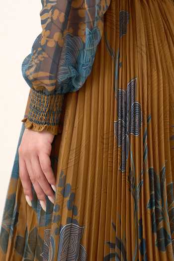 Buy_RANNA GILL_Yellow Chiffon Collared Neck Cally Jacobean Flower Print Dress 