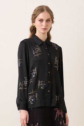 RANNA GILL Black Chiffon, Crinkle Button-down Neck Avalyn Down Shirt Online at Aza Fashions RANNA GILL_Black Chiffon, Crinkle Button-down Neck Avalyn Down Shirt _Online_at_Aza_Fashions