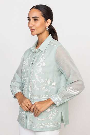 RANNA GILL_Blue Linen Collared Neck Seravelle Ornate Shirt _Online_at_Aza_Fashions