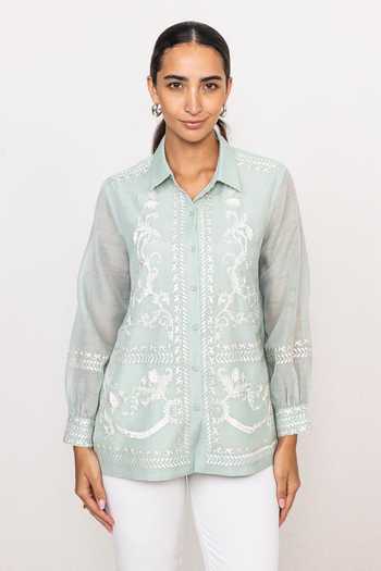 Buy_RANNA GILL_Blue Linen Collared Neck Seravelle Ornate Shirt _Online_at_Aza_Fashions