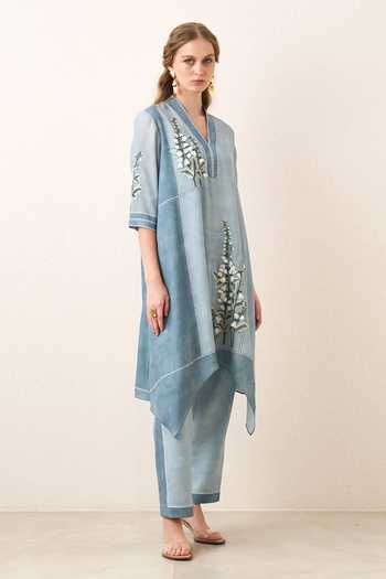 Buy_RANNA GILL_Blue Georgette V-neck, Yes Aurelle Embroidered Asymmetric Tunic And Pant Set _Online_at_Aza_Fashions