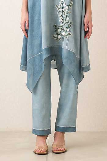Shop_RANNA GILL_Blue Georgette V-neck, Yes Aurelle Embroidered Asymmetric Tunic And Pant Set _Online_at_Aza_Fashions