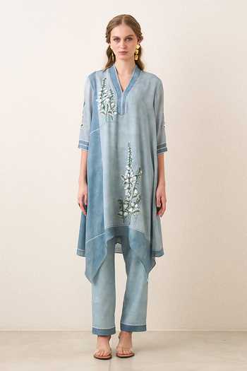 RANNA GILL_Blue Georgette V-neck, Yes Aurelle Embroidered Asymmetric Tunic And Pant Set _at_Aza_Fashions