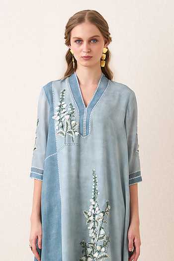 Buy_RANNA GILL_Blue Georgette V-neck, Yes Aurelle Embroidered Asymmetric Tunic And Pant Set 