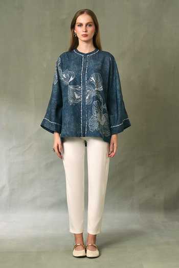 RANNA GILL_Blue Twill, Tencel Round Neck Vale Oversized Floral Artwork Top _Online_at_Aza_Fashions
