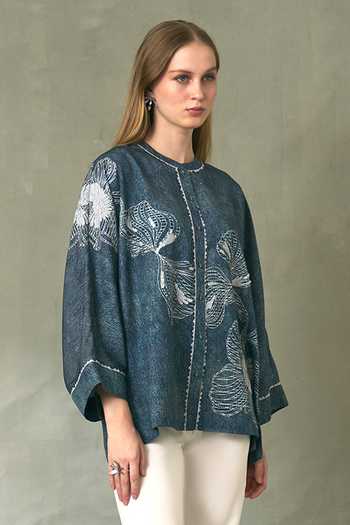 Buy_RANNA GILL_Blue Twill, Tencel Round Neck Vale Oversized Floral Artwork Top _Online_at_Aza_Fashions