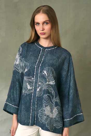 Shop_RANNA GILL_Blue Twill, Tencel Round Neck Vale Oversized Floral Artwork Top _Online_at_Aza_Fashions