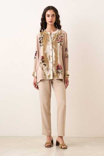 RANNA GILL Beige Georgette, Velvet, Polyester Mandarin Collar Orlienne Panel Top Online at Aza Fashions RANNA GILL_Beige Georgette, Velvet, Polyester Mandarin Collar Orlienne Panel Top _Online_at_Aza_Fashions