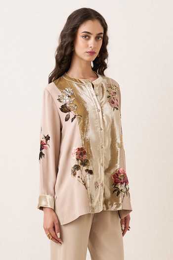 Buy RANNA GILL Beige Georgette, Velvet, Polyester Mandarin Collar Orlienne Panel Top Online at Aza Fashions Buy_RANNA GILL_Beige Georgette, Velvet, Polyester Mandarin Collar Orlienne Panel Top _Online_at_Aza_Fashions