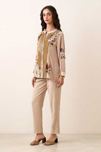 Shop RANNA GILL Beige Georgette, Velvet, Polyester Mandarin Collar Orlienne Panel Top Online at Aza Fashions Shop_RANNA GILL_Beige Georgette, Velvet, Polyester Mandarin Collar Orlienne Panel Top _Online_at_Aza_Fashions