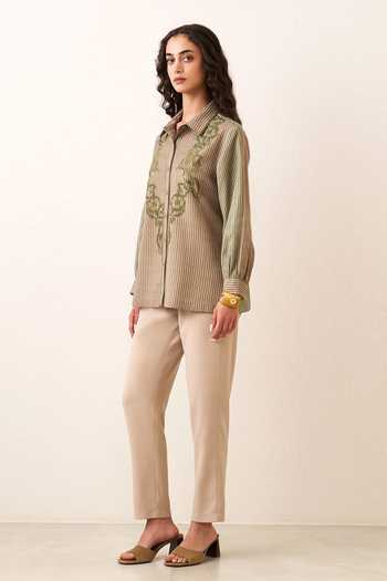RANNA GILL_Olive Green Tencel, Twill Collared Neck Vestrielle Stripe Shirt _Online_at_Aza_Fashions