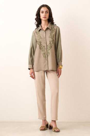 Buy_RANNA GILL_Olive Green Tencel, Twill Collared Neck Vestrielle Stripe Shirt _Online_at_Aza_Fashions