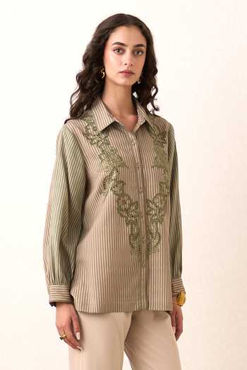Shop_RANNA GILL_Olive Green Tencel, Twill Collared Neck Vestrielle Stripe Shirt _Online_at_Aza_Fashions