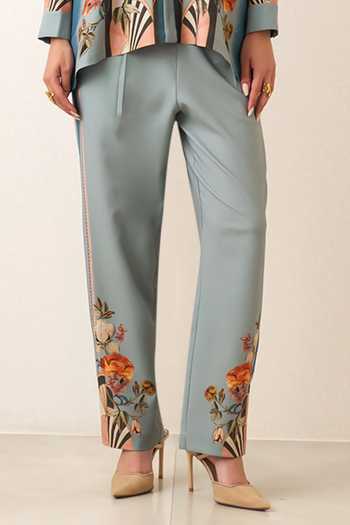 RANNA GILL_Blue Crinkle, Polyester Aloure Floral Pattern Shirt And Pant Co-ord Set _Online_at_Aza_Fashions