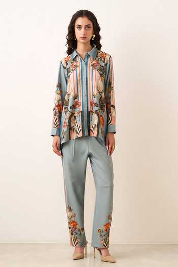 Buy_RANNA GILL_Blue Crinkle, Polyester Aloure Floral Pattern Shirt And Pant Co-ord Set _Online_at_Aza_Fashions