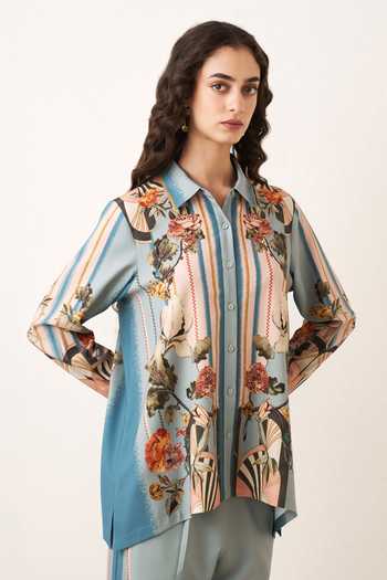 Shop_RANNA GILL_Blue Crinkle, Polyester Aloure Floral Pattern Shirt And Pant Co-ord Set _Online_at_Aza_Fashions