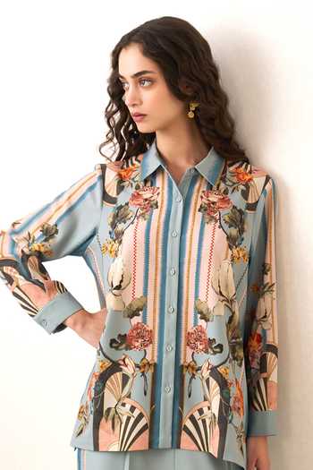 RANNA GILL_Blue Crinkle, Polyester Aloure Floral Pattern Shirt And Pant Co-ord Set _at_Aza_Fashions