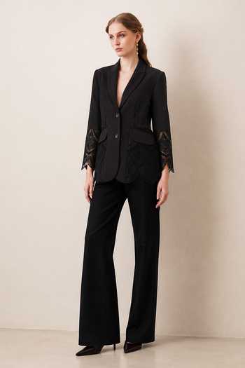 RANNA GILL Black Crepe Notched Neck Vaelisse Lace Panel Jacket Online at Aza Fashions RANNA GILL_Black Crepe Notched Neck Vaelisse Lace Panel Jacket _Online_at_Aza_Fashions