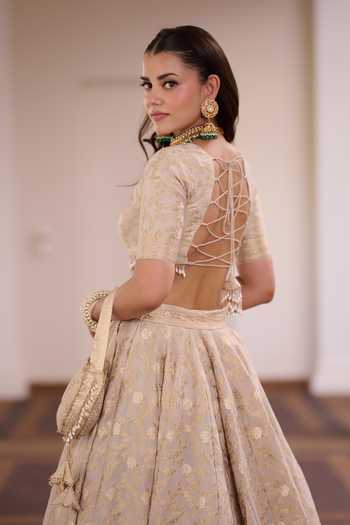 Safaa_Ivory Vegan Silk, Shantoon Square Neck Angoori Rasgulla Floral Zari Lehenga Set _Online_at_Aza_Fashions