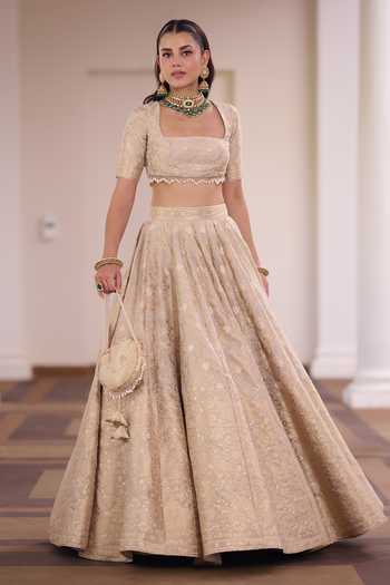 Buy_Safaa_Ivory Vegan Silk, Shantoon Square Neck Angoori Rasgulla Floral Zari Lehenga Set _Online_at_Aza_Fashions