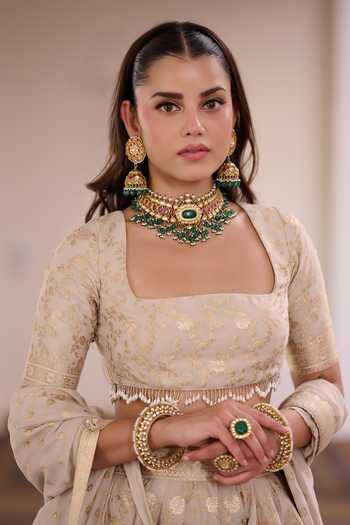 Shop_Safaa_Ivory Vegan Silk, Shantoon Square Neck Angoori Rasgulla Floral Zari Lehenga Set _Online_at_Aza_Fashions