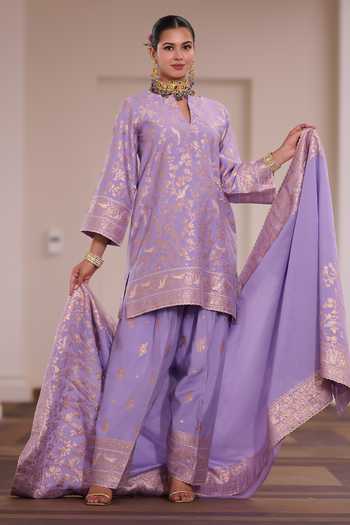 Safaa Purple Shantoon, Vegan Silk Split V-neck Anjeer Pak Parsi Gara Weave Kurta Set Online at Aza Fashions Safaa_Purple Shantoon, Vegan Silk Split V-neck Anjeer Pak Parsi Gara Weave Kurta Set _Online_at_Aza_Fashions