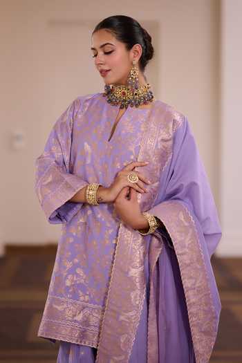 Shop Safaa Purple Shantoon, Vegan Silk Split V-neck Anjeer Pak Parsi Gara Weave Kurta Set Online at Aza Fashions Shop_Safaa_Purple Shantoon, Vegan Silk Split V-neck Anjeer Pak Parsi Gara Weave Kurta Set _Online_at_Aza_Fashions