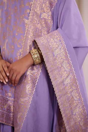 Safaa Purple Shantoon, Vegan Silk Split V-neck Anjeer Pak Parsi Gara Weave Kurta Set at Aza Fashions Safaa_Purple Shantoon, Vegan Silk Split V-neck Anjeer Pak Parsi Gara Weave Kurta Set _at_Aza_Fashions