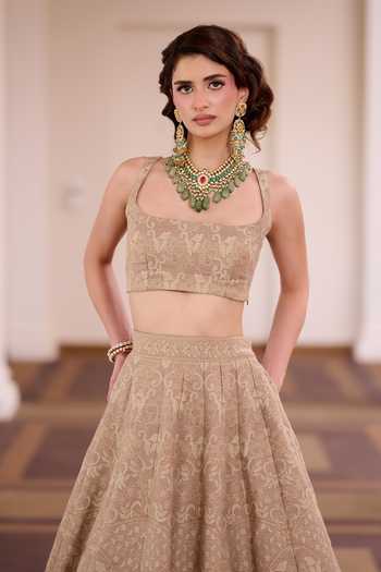 Shop Safaa Brown Silk Square Neck Badam Katli Woven Lehenga Set Online at Aza Fashions Shop_Safaa_Brown Silk Square Neck Badam Katli Woven Lehenga Set _Online_at_Aza_Fashions