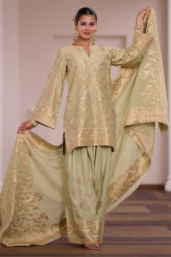 Shop_Safaa_Green Vegan Silk Split V-neck, Yes Banarasi Paan Parsi Gara Woven Kurta Set _Online_at_Aza_Fashions