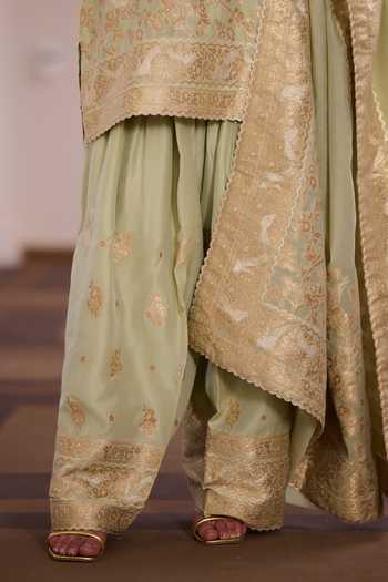 Safaa_Green Vegan Silk Split V-neck, Yes Banarasi Paan Parsi Gara Woven Kurta Set _at_Aza_Fashions