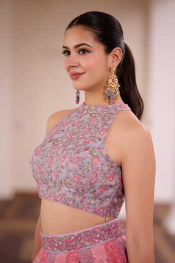 Safaa_Pink Silk Halter Neck Gulaab Pak Floral Panelled Lehenga Set _Online_at_Aza_Fashions