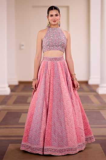 Buy_Safaa_Pink Silk Halter Neck Gulaab Pak Floral Panelled Lehenga Set _Online_at_Aza_Fashions