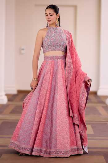 Shop_Safaa_Pink Silk Halter Neck Gulaab Pak Floral Panelled Lehenga Set _Online_at_Aza_Fashions