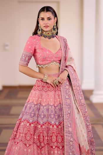 Buy_Safaa_Multi Color Silk Sweetheart Neck Gulbahar Barfi Hued Lehenga Set _Online_at_Aza_Fashions