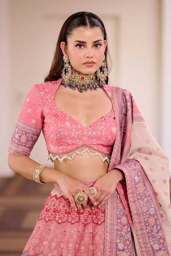 Shop_Safaa_Multi Color Silk Sweetheart Neck Gulbahar Barfi Hued Lehenga Set _Online_at_Aza_Fashions