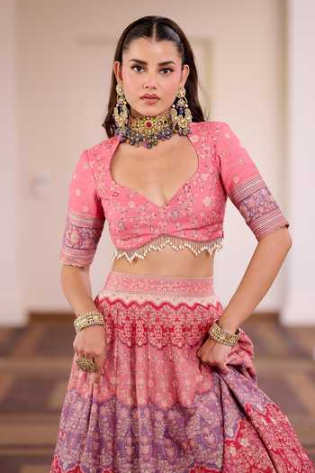 Buy_Safaa_Multi Color Silk Sweetheart Neck Gulbahar Barfi Hued Lehenga Set 