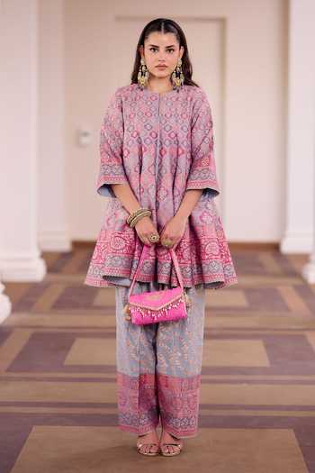 Safaa_Multi Color Silk Round Neck, Split Gulkand Sandesh Short Kali Kurta And Salwar Set _Online_at_Aza_Fashions