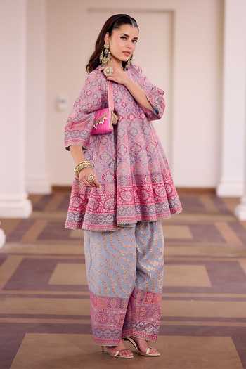 Buy_Safaa_Multi Color Silk Round Neck, Split Gulkand Sandesh Short Kali Kurta And Salwar Set _Online_at_Aza_Fashions