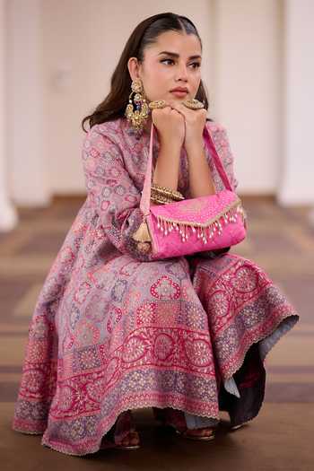Shop_Safaa_Multi Color Silk Round Neck, Split Gulkand Sandesh Short Kali Kurta And Salwar Set _Online_at_Aza_Fashions