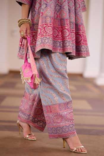 Safaa_Multi Color Silk Round Neck, Split Gulkand Sandesh Short Kali Kurta And Salwar Set _at_Aza_Fashions