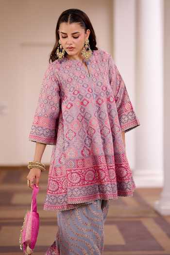 Buy_Safaa_Multi Color Silk Round Neck, Split Gulkand Sandesh Short Kali Kurta And Salwar Set 