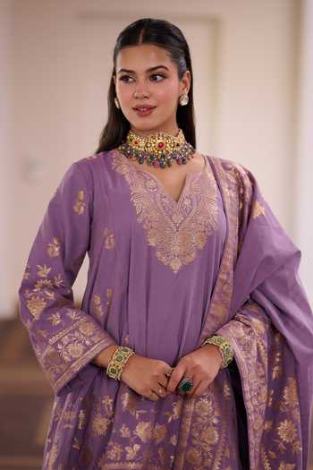 Buy_Safaa_Purple Shantoon, Vegan Silk V-neck Jamuni Peda Floral Zari Weave Kurta Set 