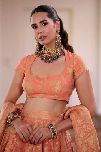 Buy_Safaa_Peach Organza, Shantoon Scoop Neck Kesar Rasmalai Woven Lehenga Set _Online_at_Aza_Fashions