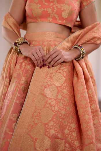Shop_Safaa_Peach Organza, Shantoon Scoop Neck Kesar Rasmalai Woven Lehenga Set _Online_at_Aza_Fashions